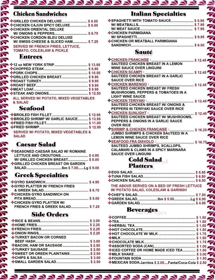 Menu at Sunlight Restaurant, South Saint Paul