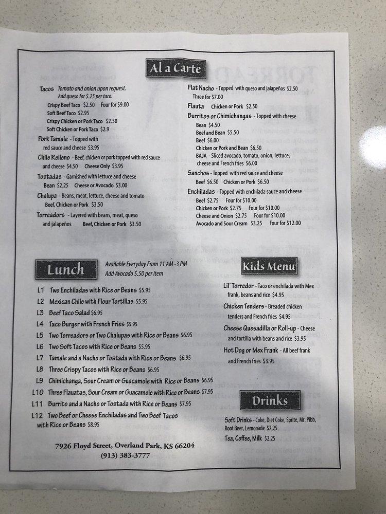 Menu at Torreador Mexican Restaurant, Overland Park