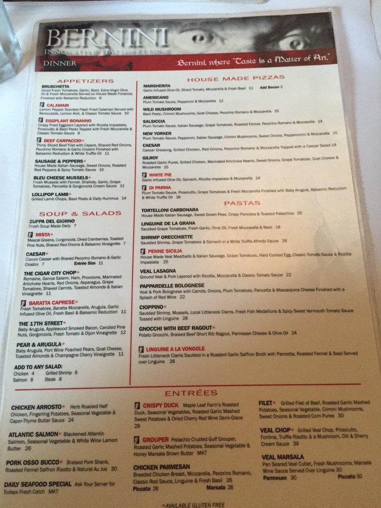 Menu at Bernini of Ybor restaurant, Tampa