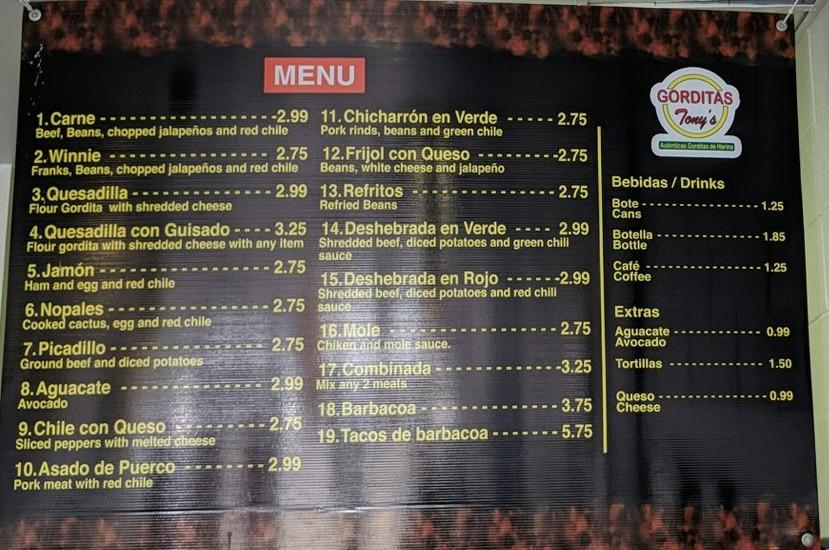 Menu at Gorditas Tony restaurant, El Paso, Sunland Park Dr