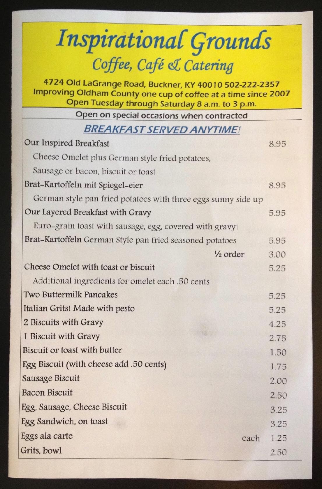 Menu at Inspirational Grounds Coffee Shop cafe, Buckner, Old Lagrange Rd