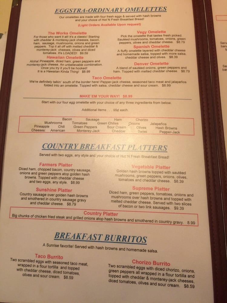 Menu at Sunrise Inn restaurant, Nampa