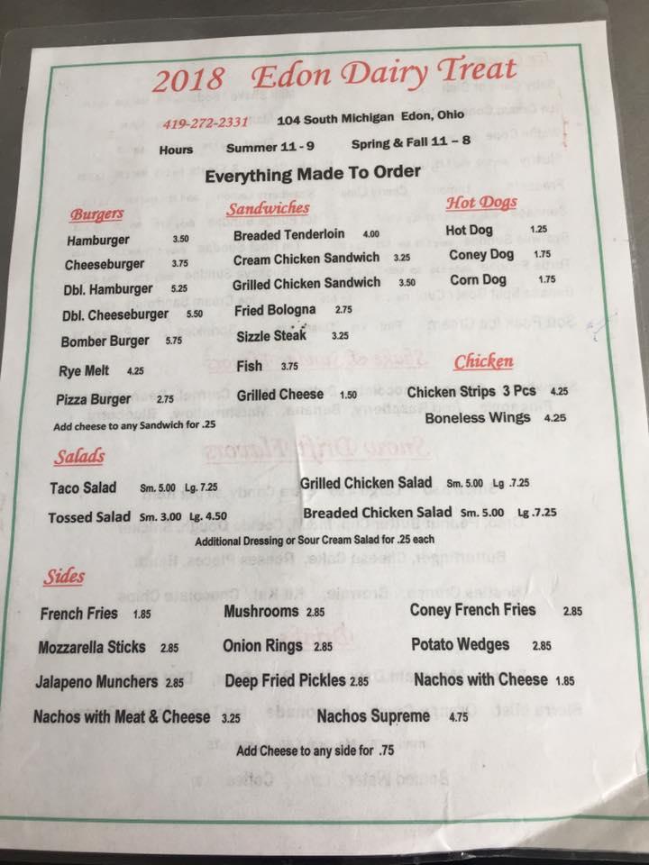 Menu at Edon Dairy Treat restaurant, Edon