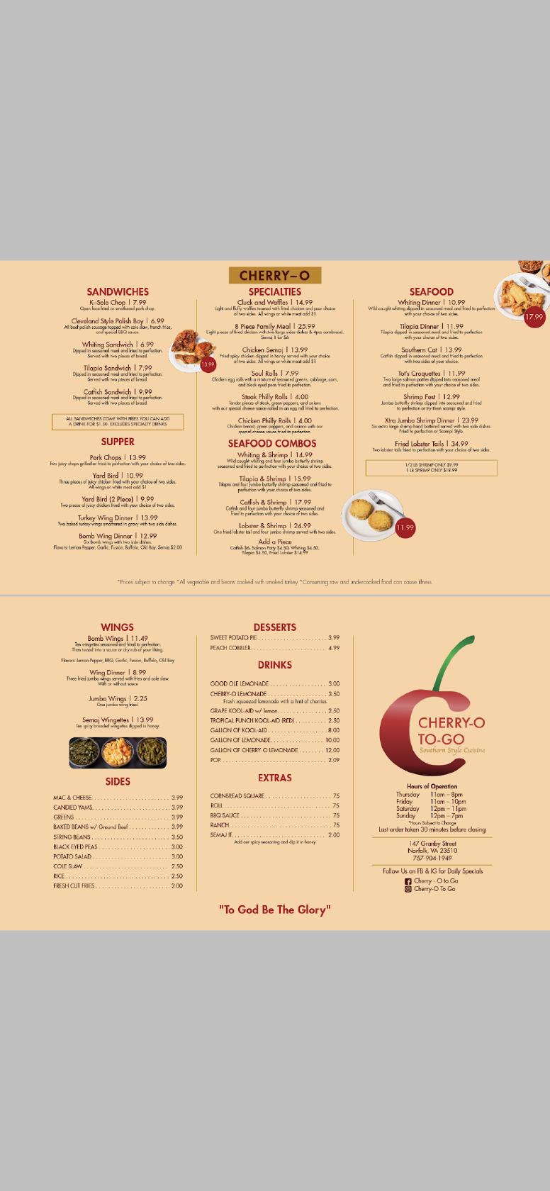 Menu at CherryO To Go restaurant, Norfolk