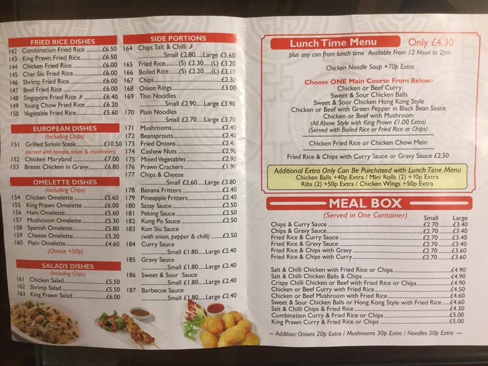 Menu at Oriental House fast food, Coatbridge, 73 Main St