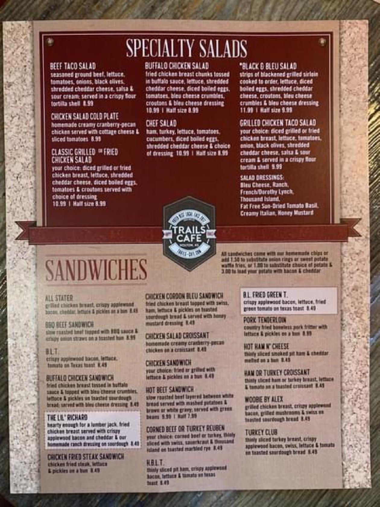 Menu at Trails Café cafe, Holton