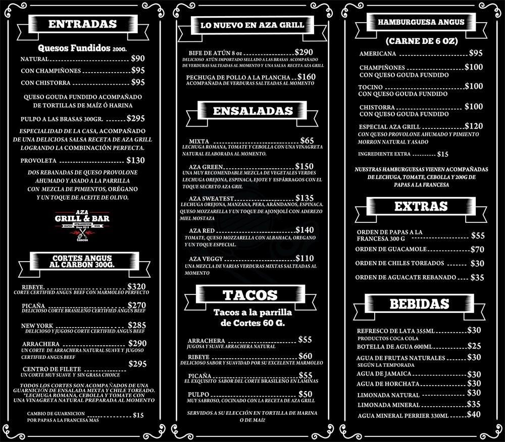 Menu at AZA GRILL BBQ, Cancún