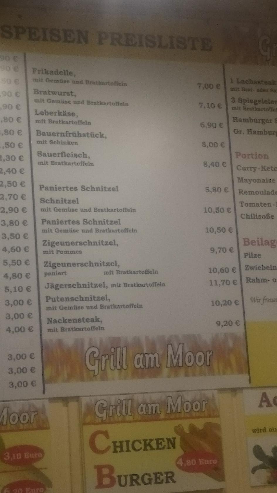 Speisekarte von Grill "Am Moor" alle Speisen auch außer Haus fast Food