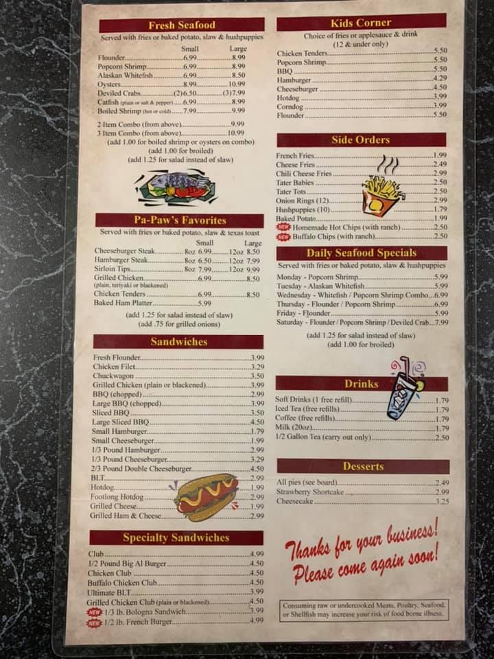 Menu at Pa Paw's BarBQue Restaurant, North Wilkesboro