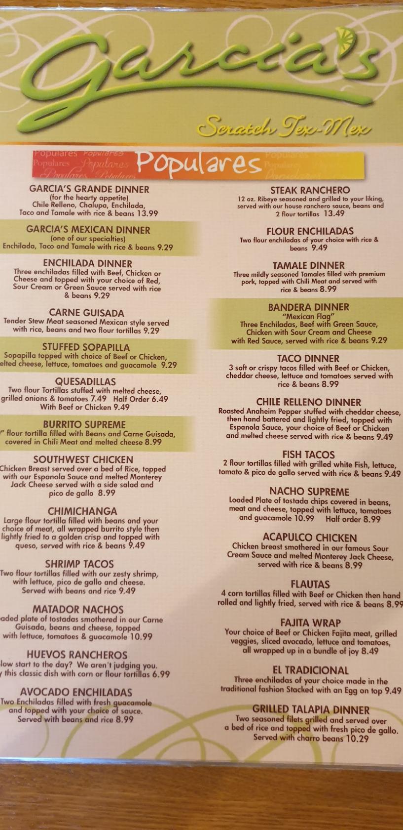 Menu at Garcia's Mexican Restaurant, Lubbock, Slide Rd