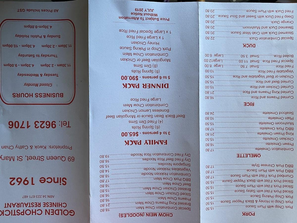 Menu at Golden Chopsticks Chinese Restaurant, Saint Marys