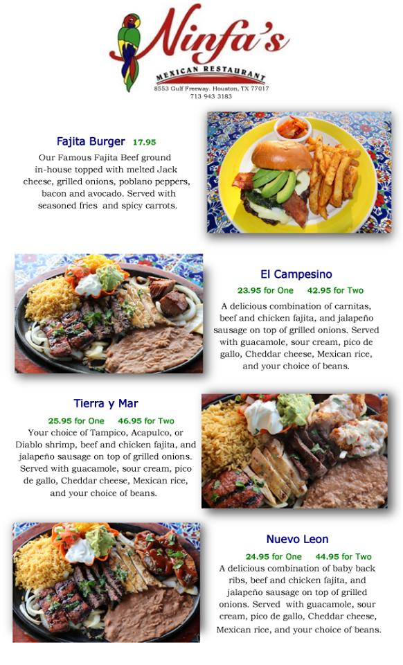 Menu at Ninfa's restaurant, Houston, Gulf Fwy