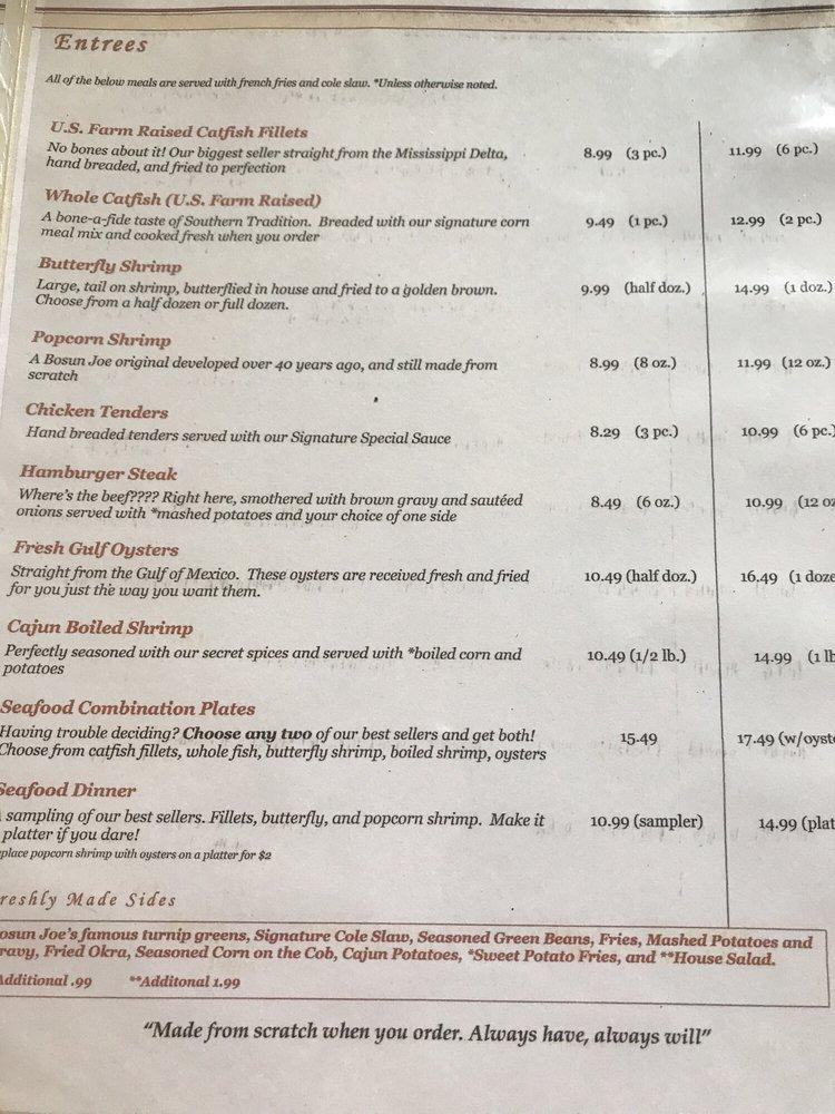 Menu at Bosun Joe's restaurant, Ellisville