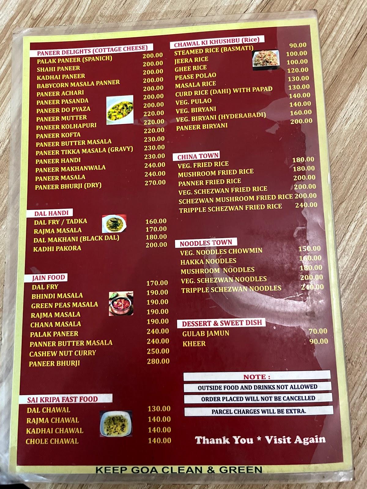 Sai Kripa Restaurant menu