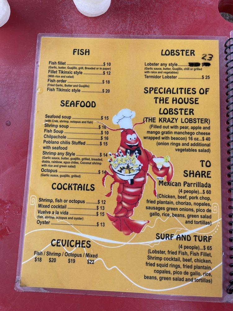 Menu at The Krazy Lobster restaurant, Mahahual, C. Huauchinango 28