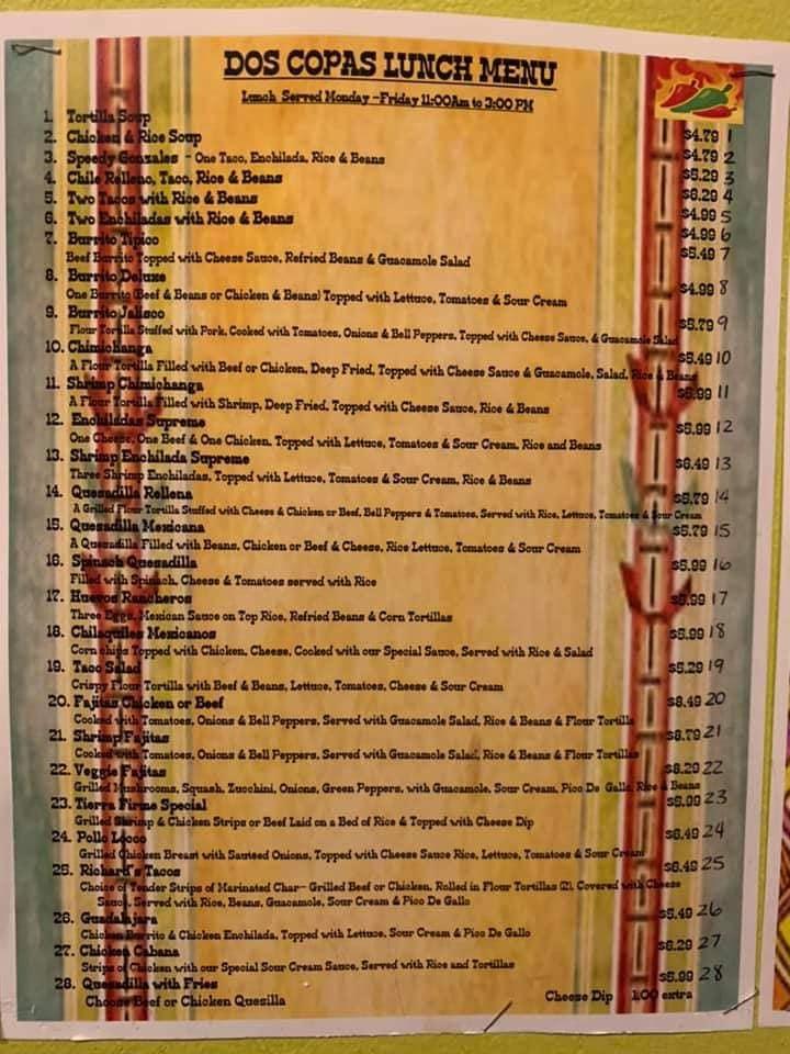 Menu at Dos Copas Mexican Grill restaurant, Madisonville