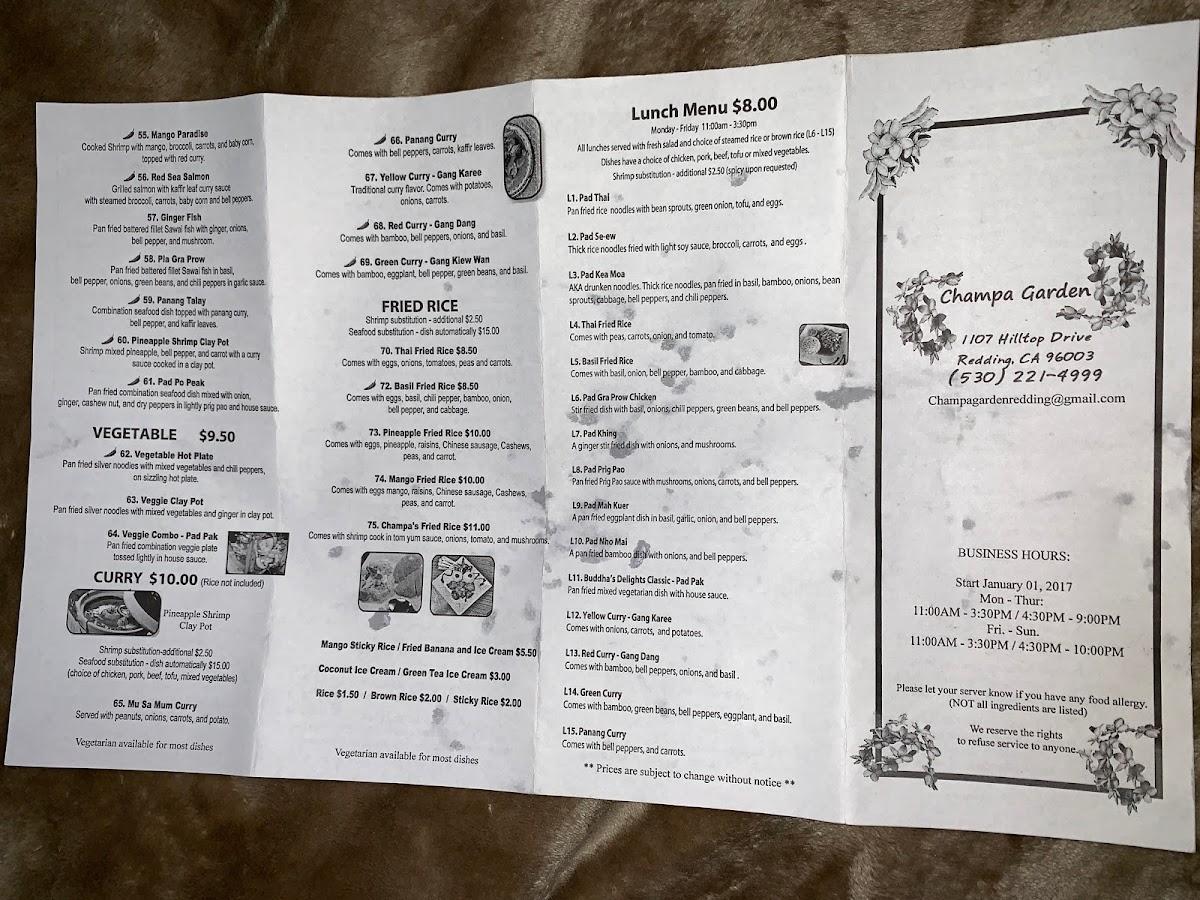 Menu at Champa Garden Restaurant, Redding