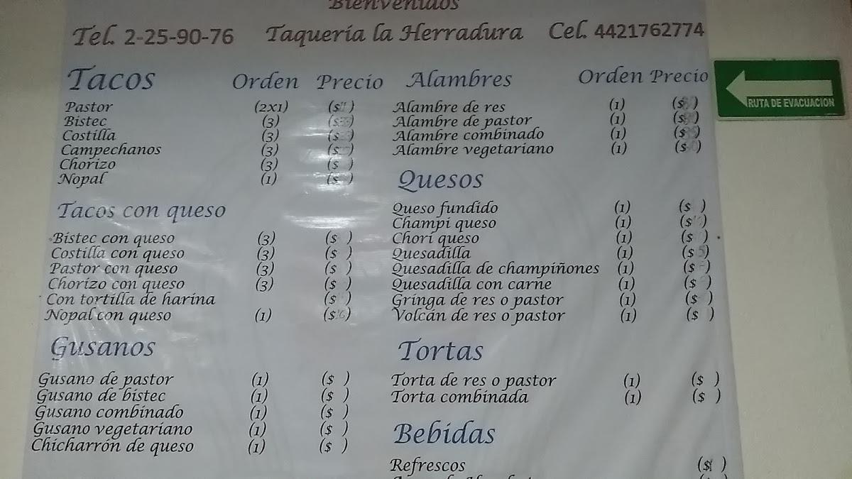 Menu at Taquería La Herradura restaurant, El Pueblito, Av Don Bosco 40