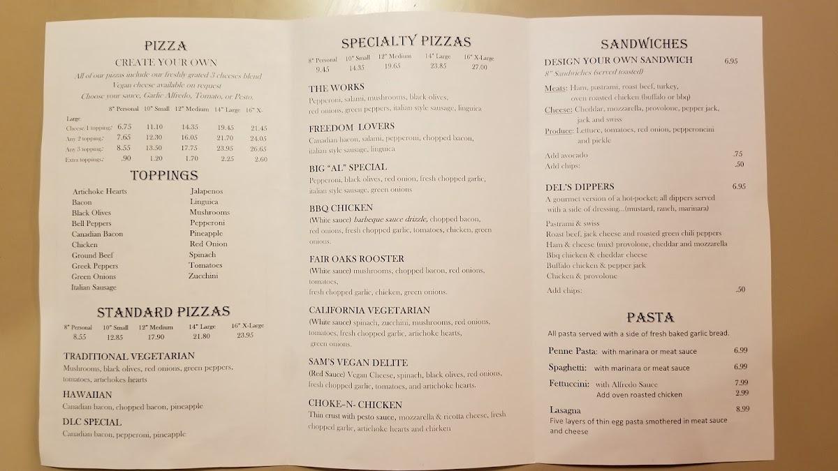 Menu at Del's Family Pizza pizzeria, Fair Oaks