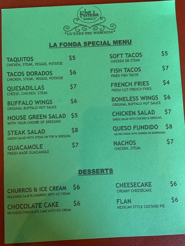 Menu at La Fonda restaurant, Los Angeles, Wilshire Blvd