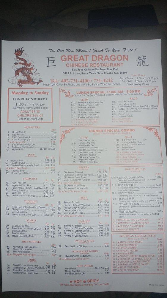 Menu at Great Dragon restaurant, Omaha