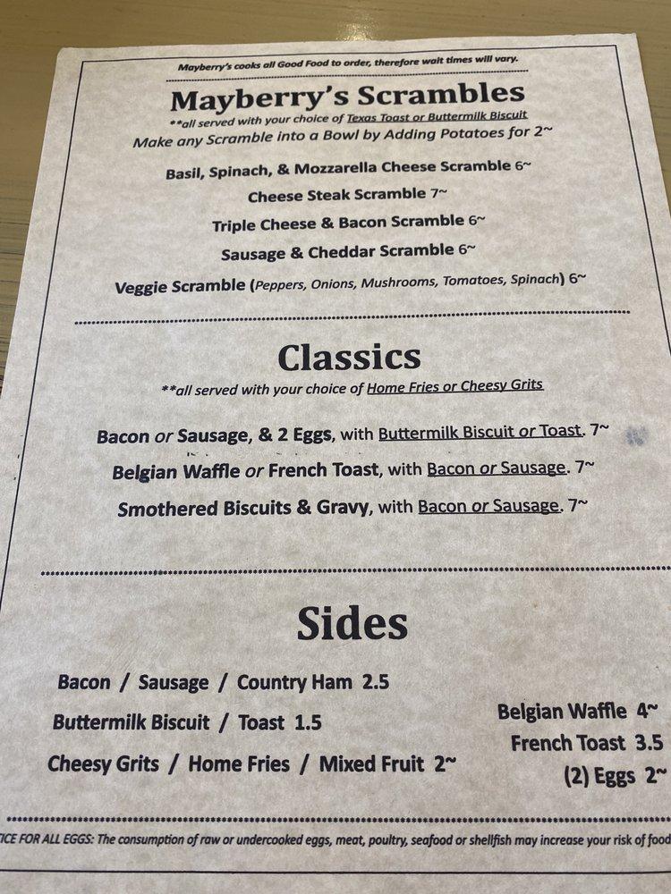 Menu at Mayberry'sSeneca restaurant, Seneca, 125 N Townville St