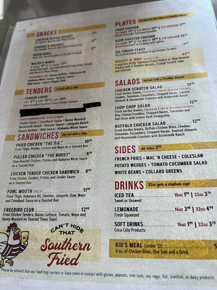 Menu at Waldo's Chicken & Beer, Mountain Brook