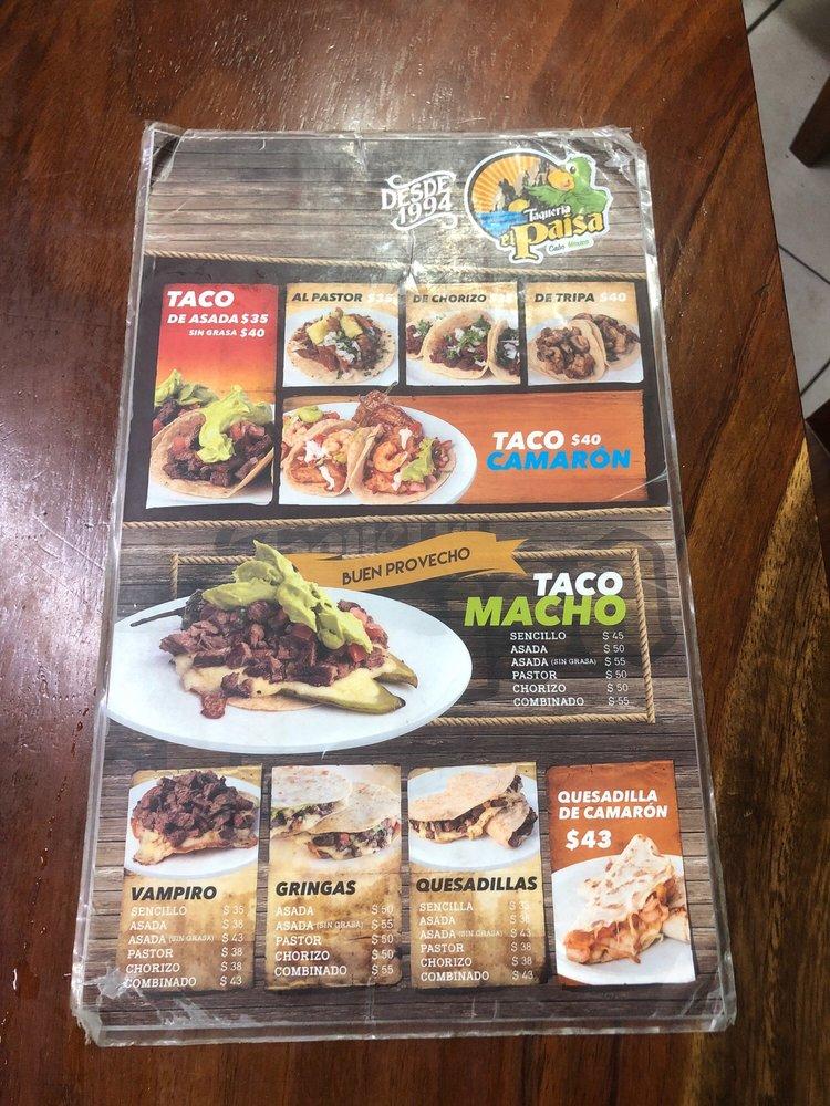 Menu at Taqueria El Paisa steakhouse, San José del Cabo, Av Centenario Sn