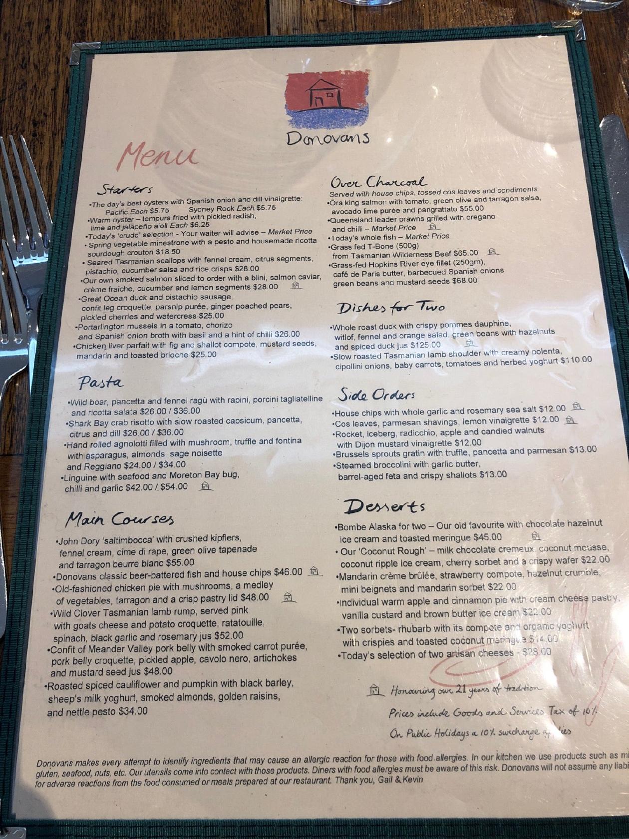 Menu at Donovans restaurant, Saint Kilda