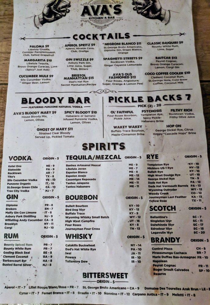 Menu at Ava's Kitchen & Bar, Kenilworth