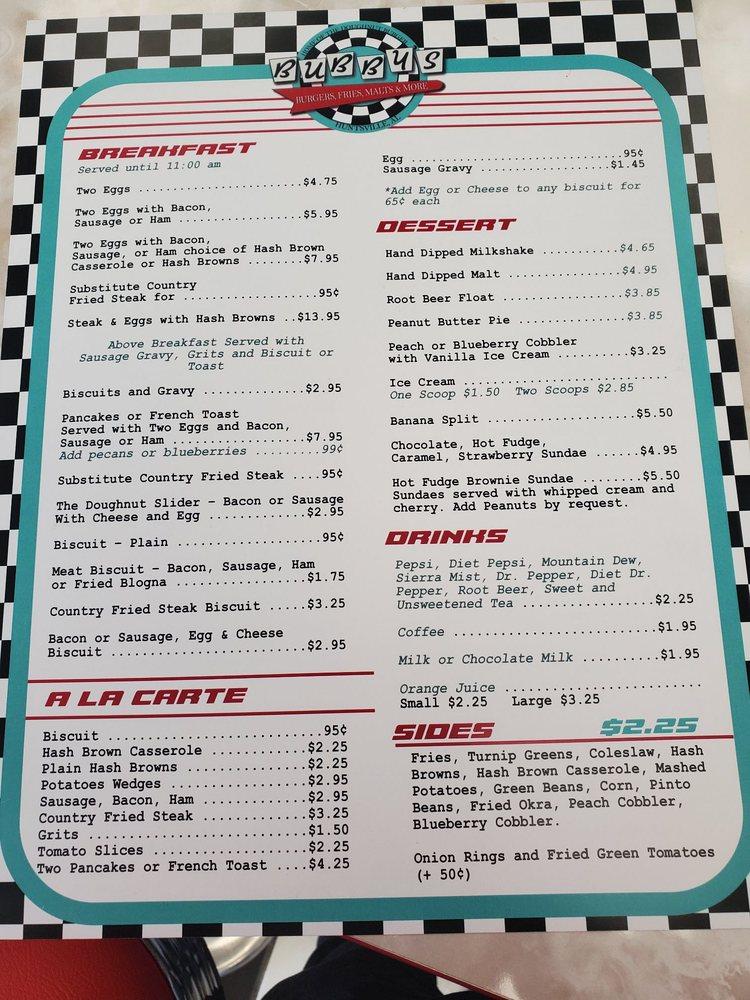 Menu at Bubby's Diner restaurant, Huntsville