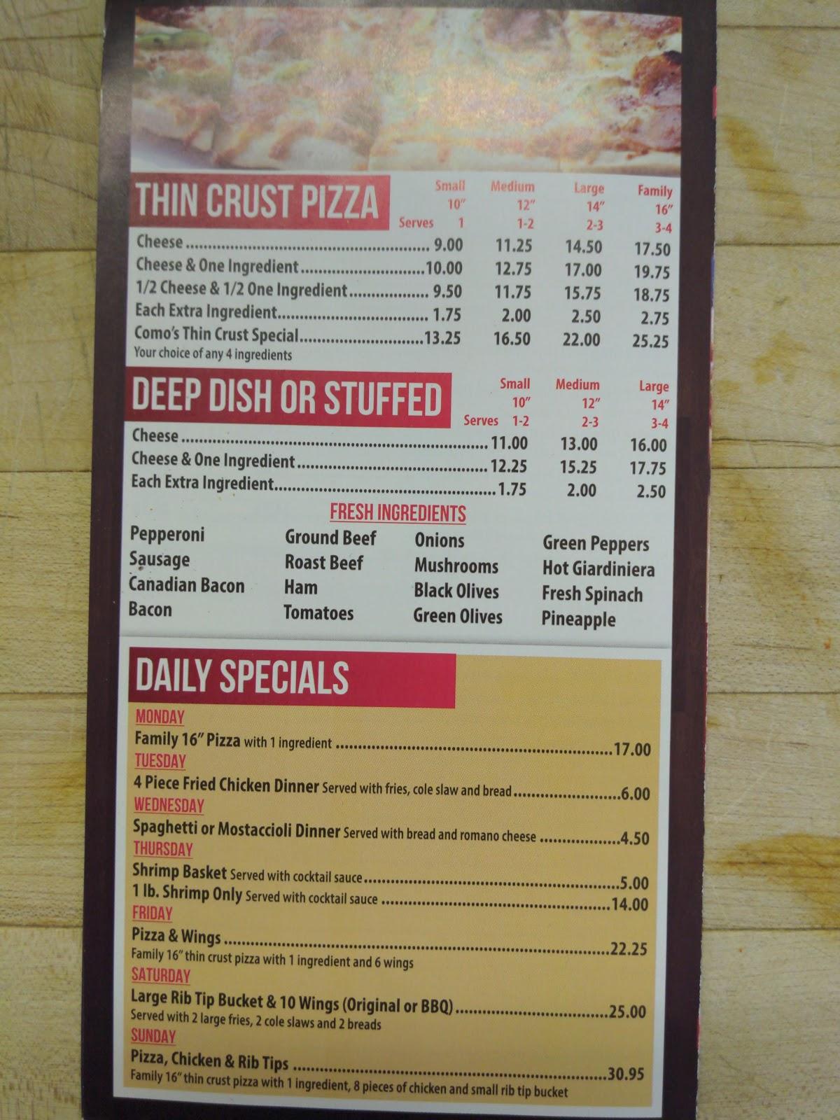 Menu at Como's Pizza pizzeria, Broadview