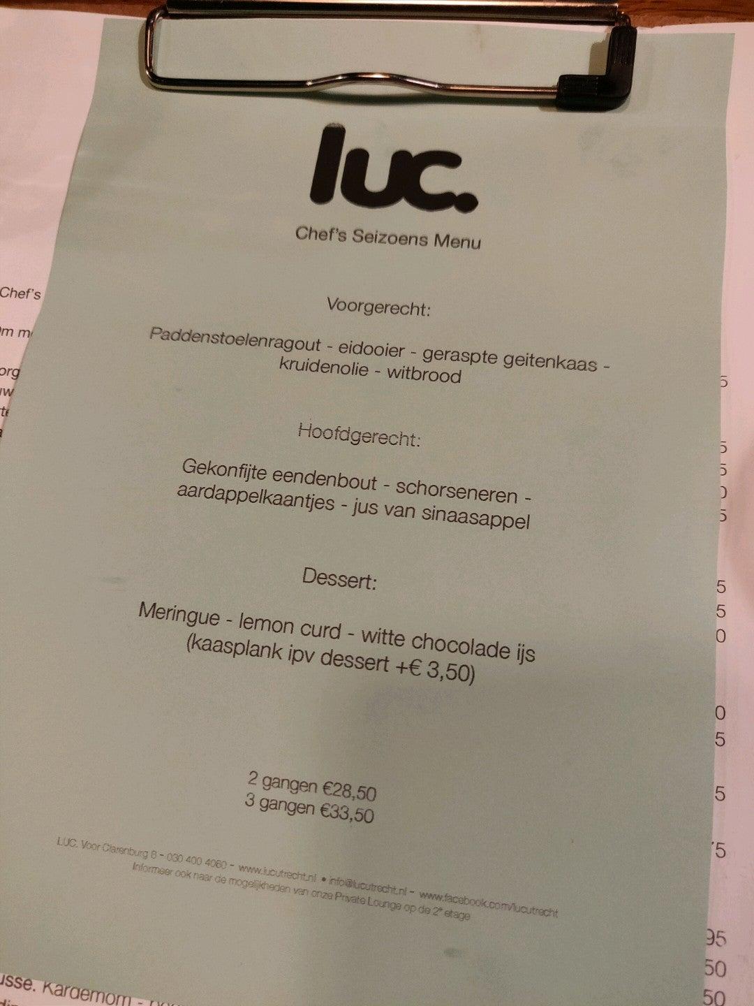 Menu at Restaurant Luc Utrecht, Utrecht