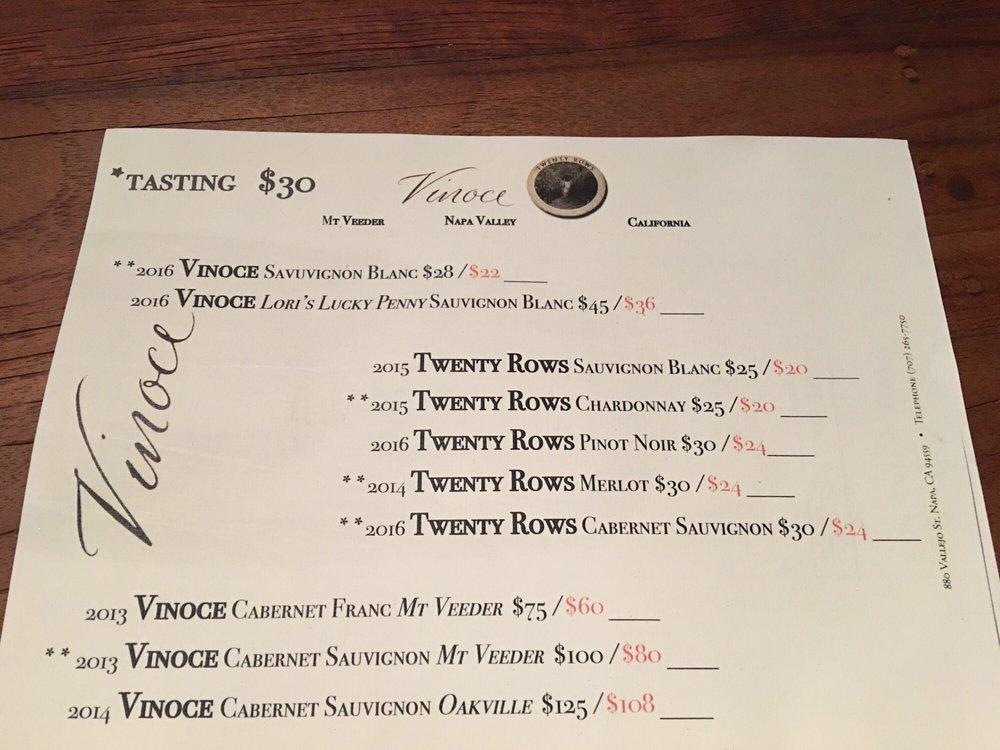 Menu at Vinoce & Twenty Rows pub & bar, Napa, 68 S Coombs St Ste L6