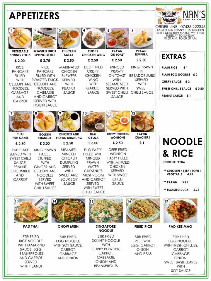Menu at Nan's Thai Kitchen cafe, Dewsbury
