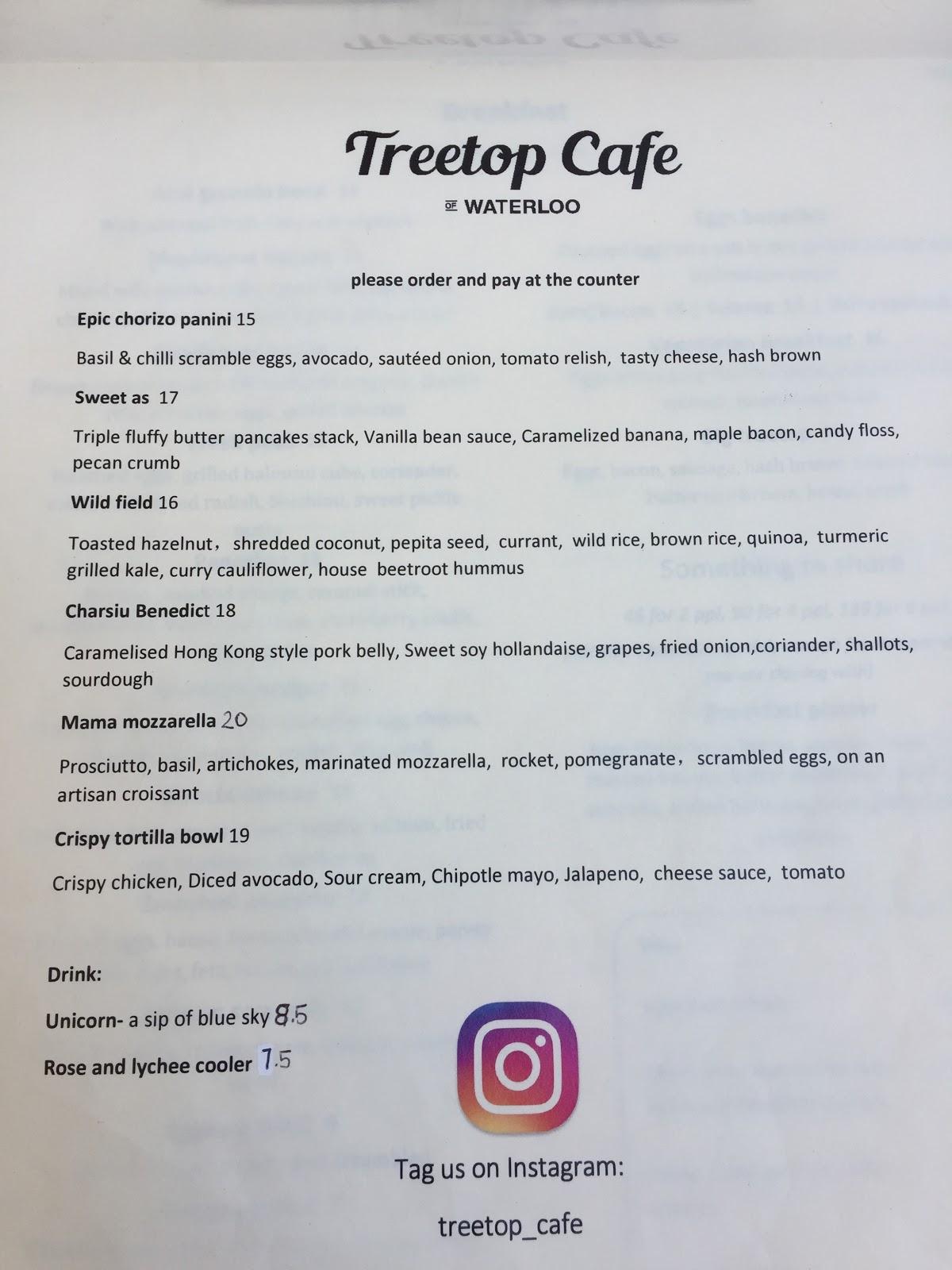 Menu at Treetop Cafe, Zetland