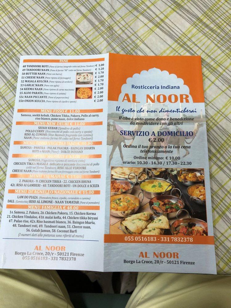 Menu at Al Noor Indian Restaurant, Florence, la Croce