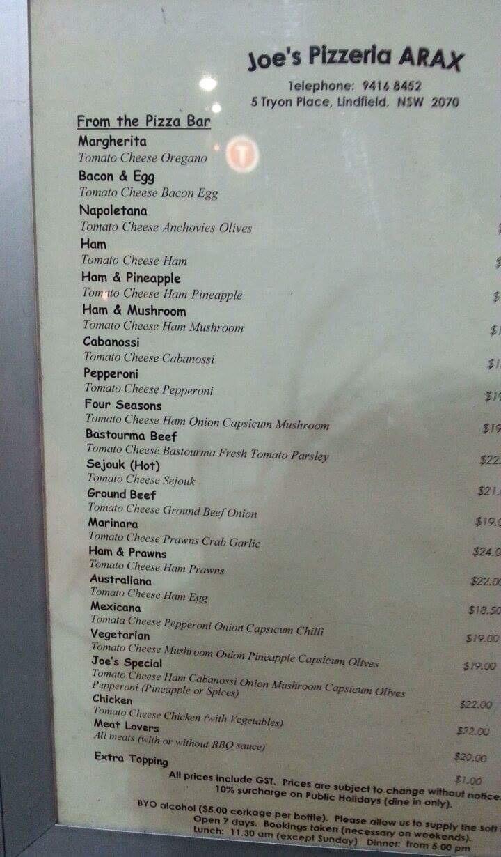 Menu at Joe's Pizzeria Arax, Lindfield