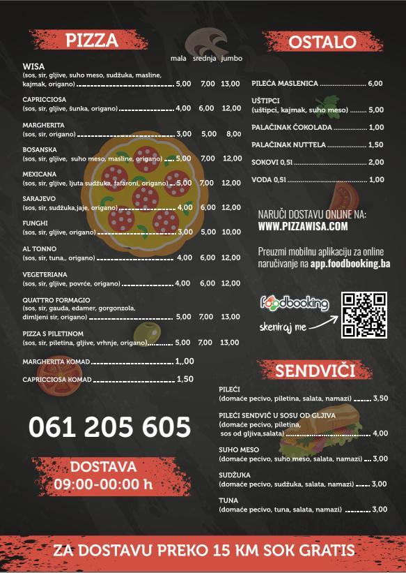 Menu at Pizzeria Wisa, Sarajevo