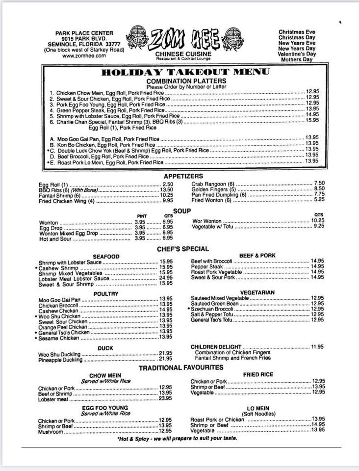 Menu at Zom Hee Chinese Restaurant, Seminole