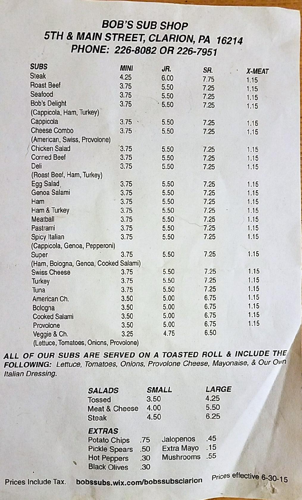 Menu at Bob's Sub & Sandwich Shop restaurant, Clarion