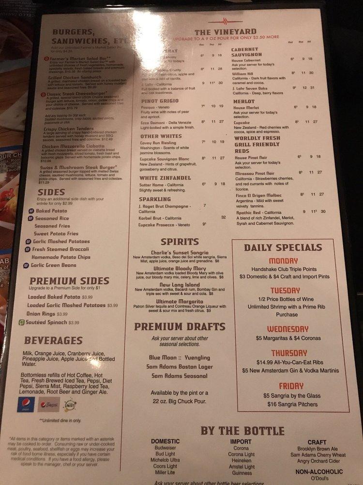 Menu at Charlie Brown's Fresh Grill steakhouse, Scotch Plains