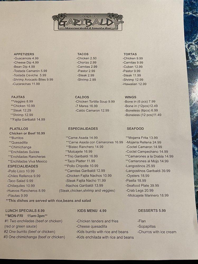 Menu at Fiesta Garibaldi Mexican Grill and Tequila Bar, Knoxville