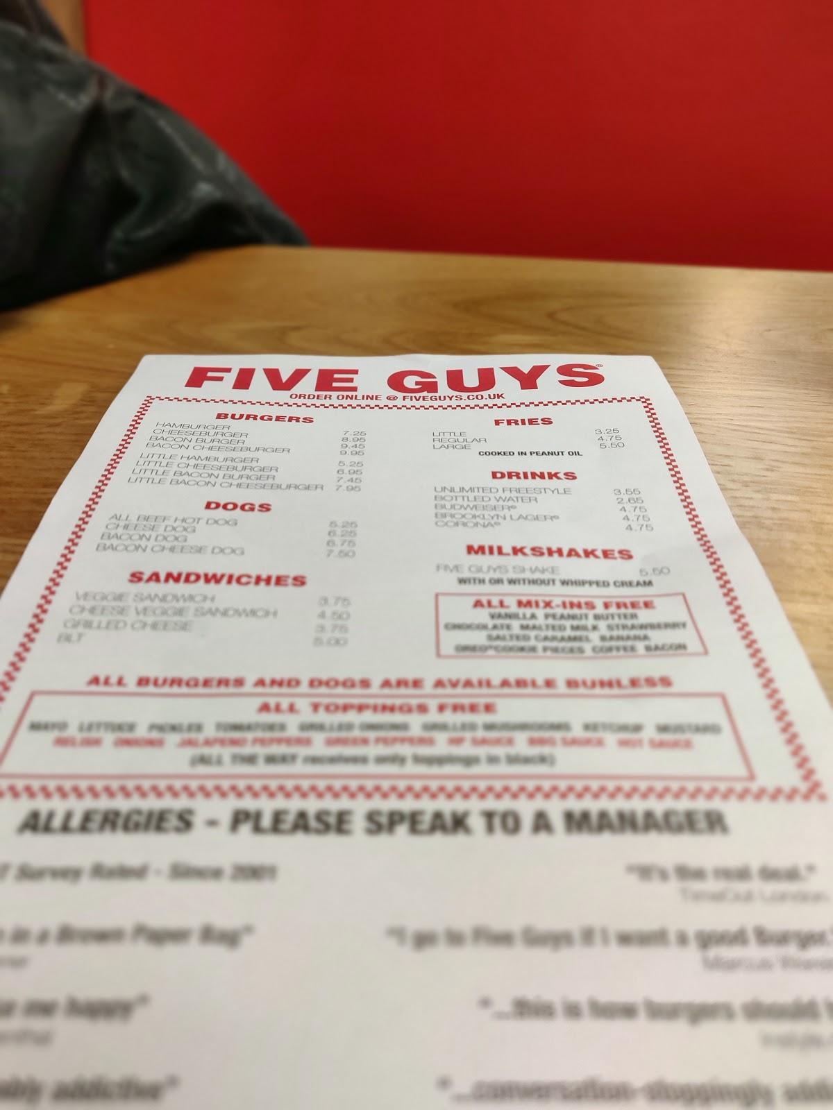 Menu at Five Guys Bath restaurant, Bath