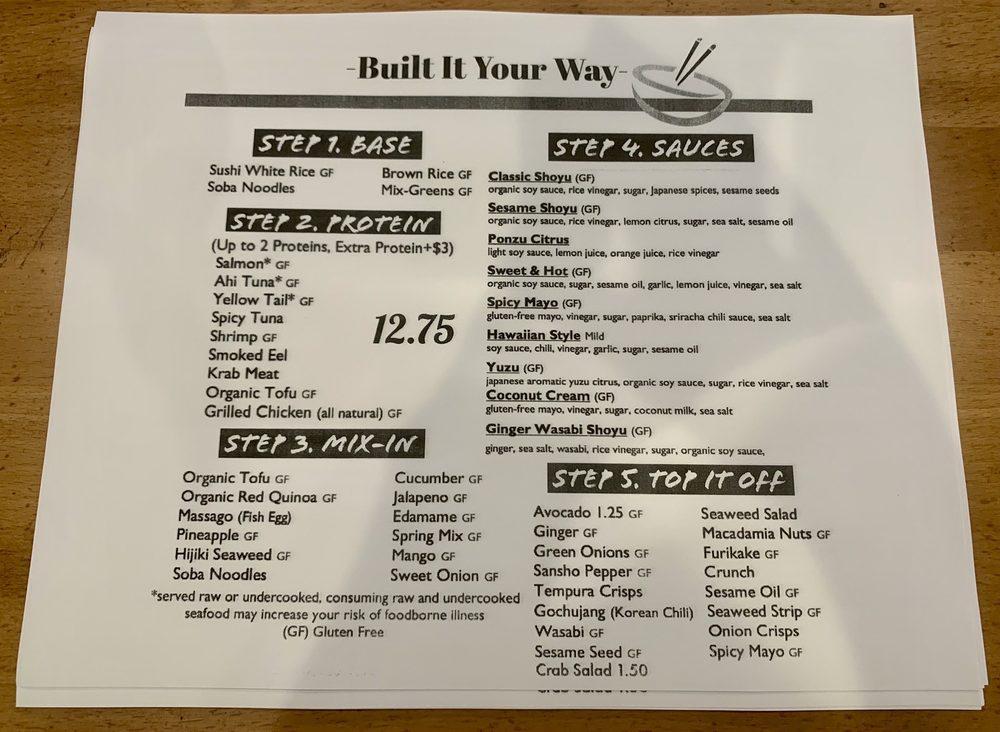 Menu at Poke Sushi Bowl restaurant, Williamsburg