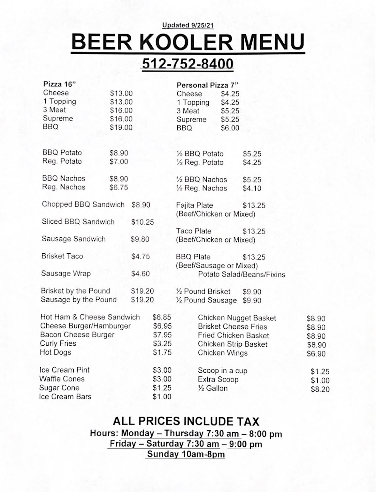 Menu at The Beer Kooler restaurant, Lometa