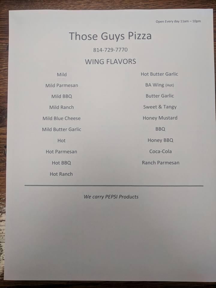 Menu at Those Guys Pizza restaurant, Roaring Spring