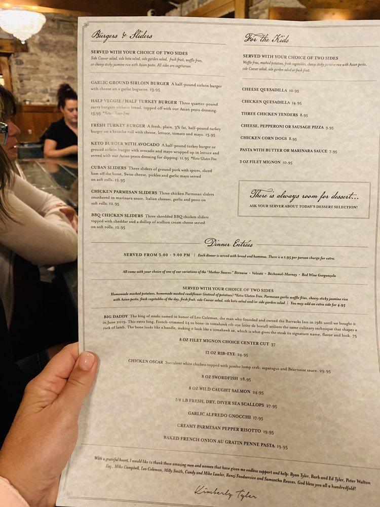 Menu at The Barracks Inn Restaurant & Bar, Sackets Harbor, 42 Pike Rd