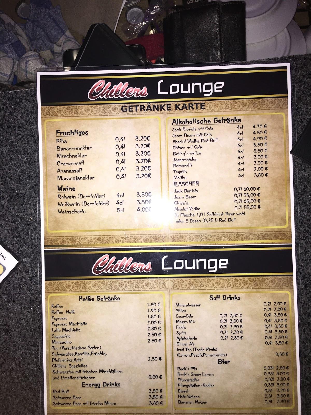 Menu at Chillers Lounge pub & bar, Darmstadt