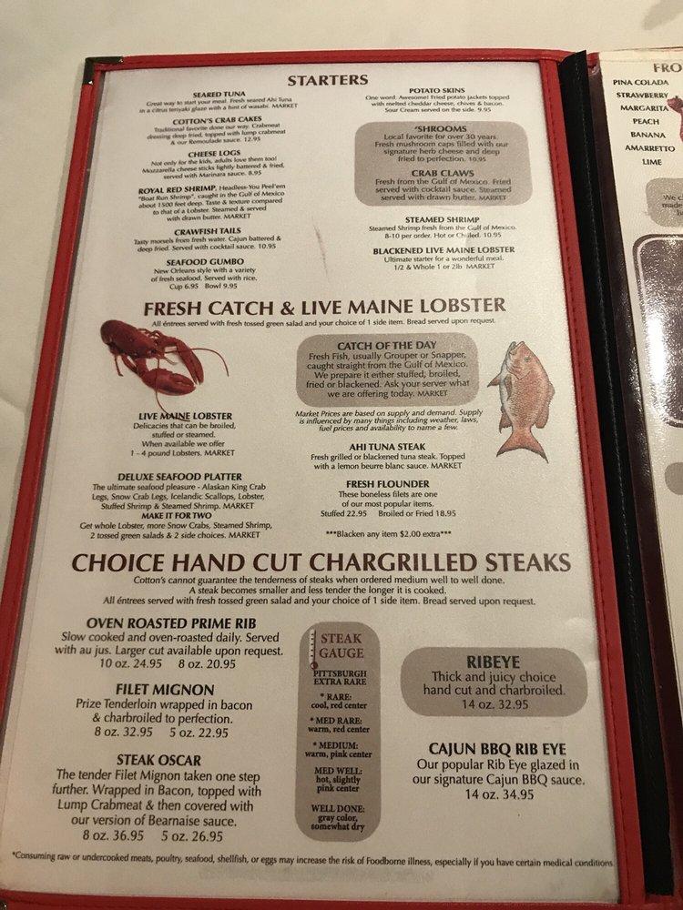 Menu at Cotton's Restaurant, Orange Beach